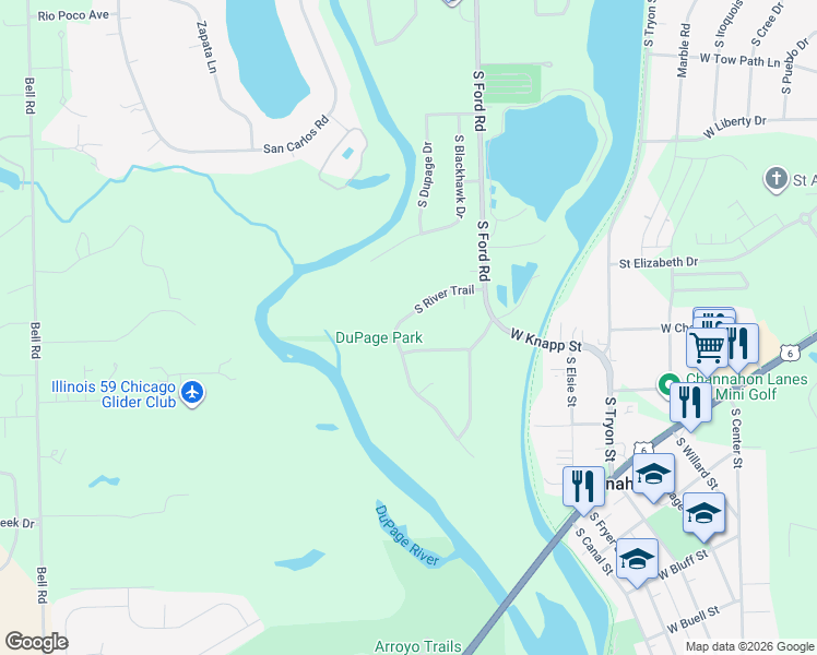 map of restaurants, bars, coffee shops, grocery stores, and more near 24621 South River Trail in Channahon