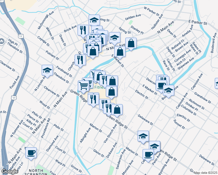 map of restaurants, bars, coffee shops, grocery stores, and more near 26 Electric Street in Scranton