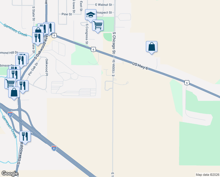 map of restaurants, bars, coffee shops, grocery stores, and more near Pine Ridge Lane in Henry