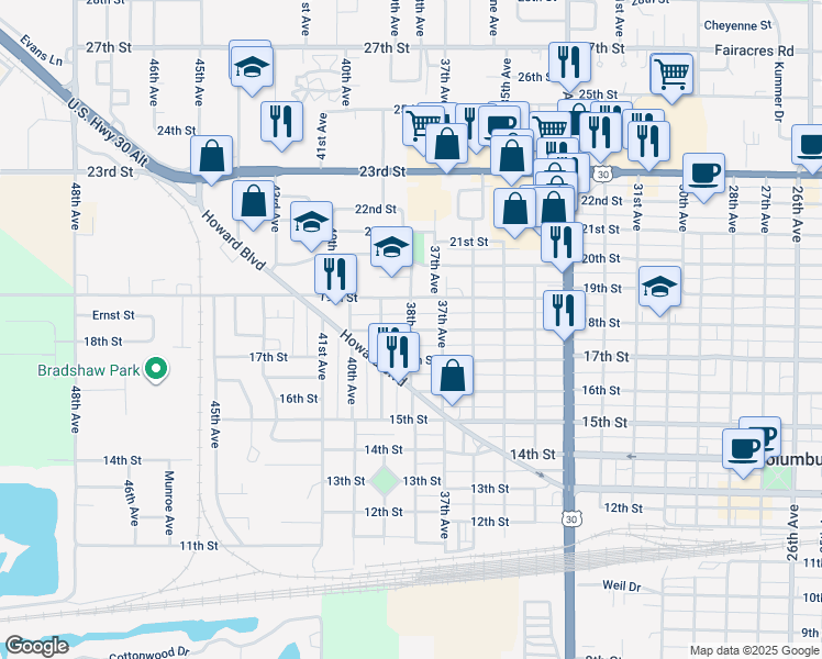 map of restaurants, bars, coffee shops, grocery stores, and more near 1801 38th Avenue in Columbus