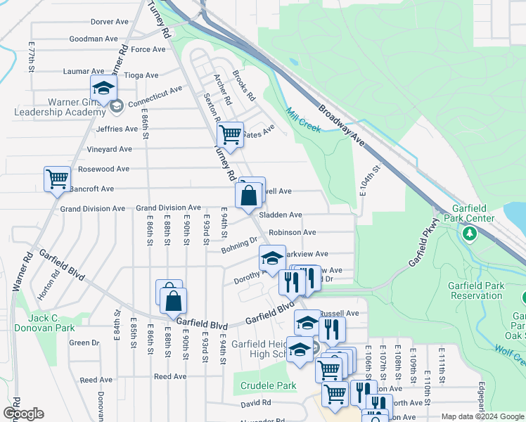 map of restaurants, bars, coffee shops, grocery stores, and more near in Garfield Heights