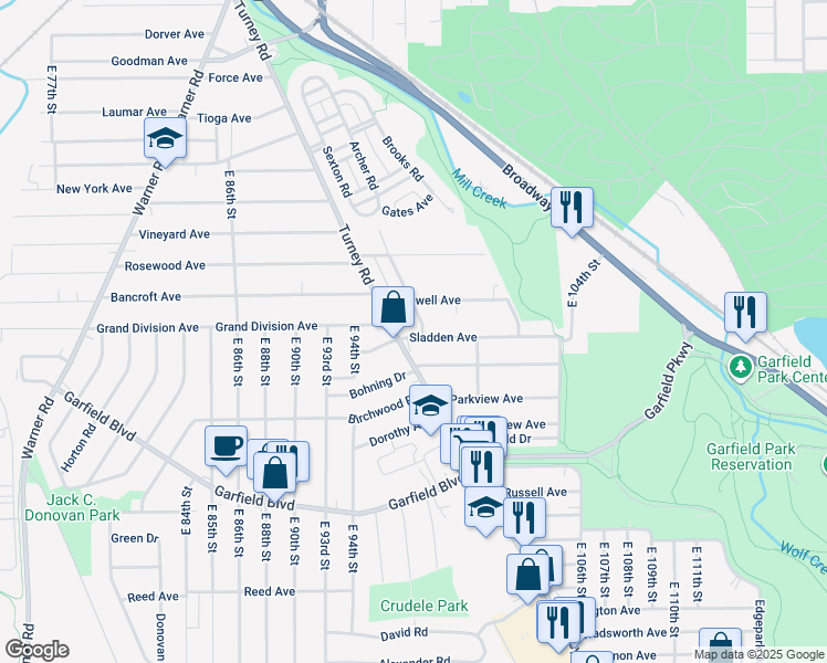 map of restaurants, bars, coffee shops, grocery stores, and more near in Garfield Heights