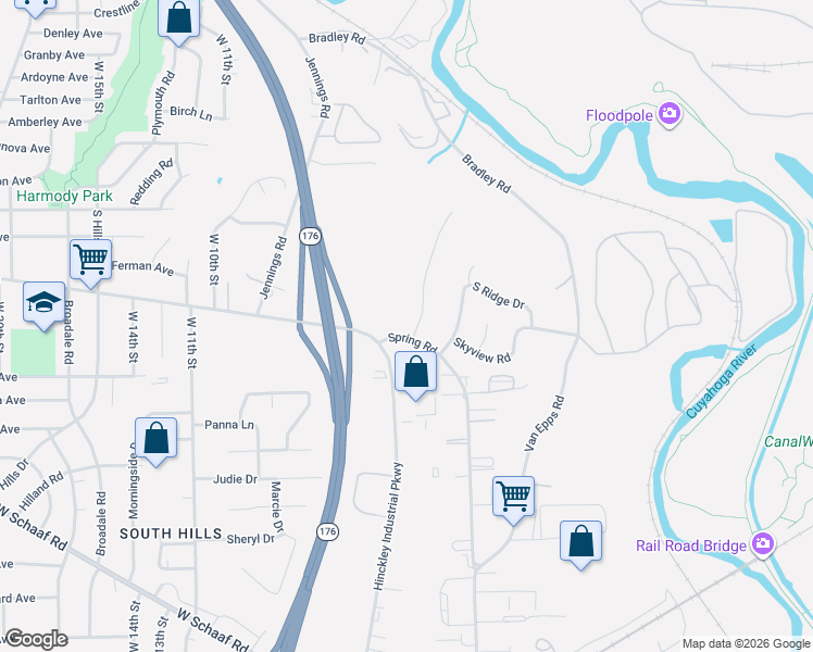 map of restaurants, bars, coffee shops, grocery stores, and more near 4418 Skylane Drive in Cleveland