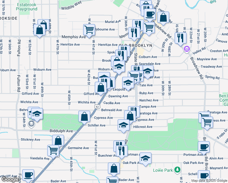 map of restaurants, bars, coffee shops, grocery stores, and more near 3800 Leopold Avenue in Cleveland