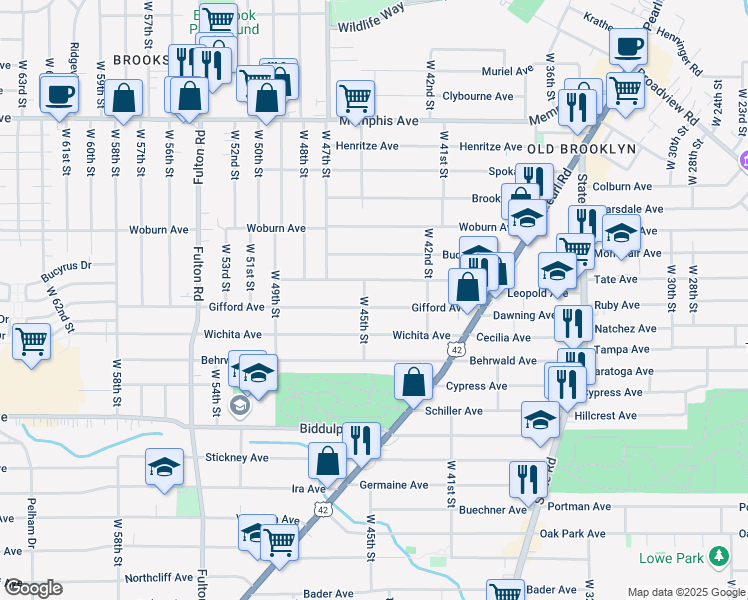 map of restaurants, bars, coffee shops, grocery stores, and more near 4325 Ardmore Avenue in Cleveland