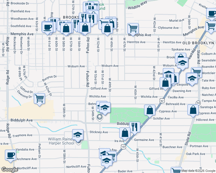 map of restaurants, bars, coffee shops, grocery stores, and more near 4829 Ardmore Avenue in Cleveland