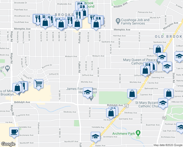map of restaurants, bars, coffee shops, grocery stores, and more near 4480 West 51st Street in Cleveland