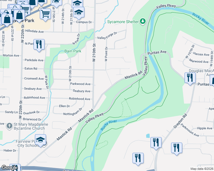 map of restaurants, bars, coffee shops, grocery stores, and more near 20839 Eaton Road in Fairview Park