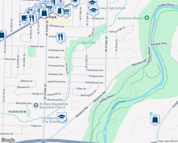 map of restaurants, bars, coffee shops, grocery stores, and more near 21290 Parkwood Avenue in Fairview Park