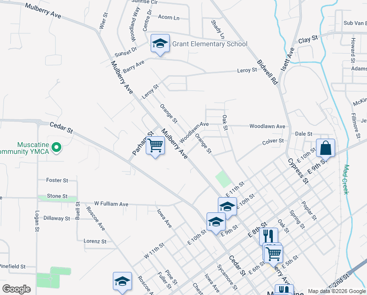 map of restaurants, bars, coffee shops, grocery stores, and more near 512-516 Woodlawn Avenue in Muscatine