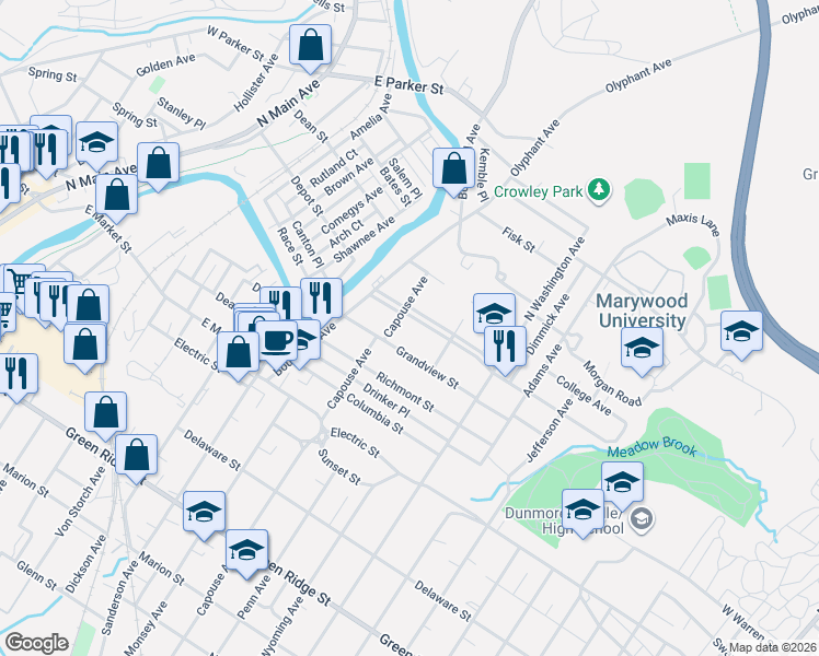 map of restaurants, bars, coffee shops, grocery stores, and more near 903 Woodlawn Street in Scranton