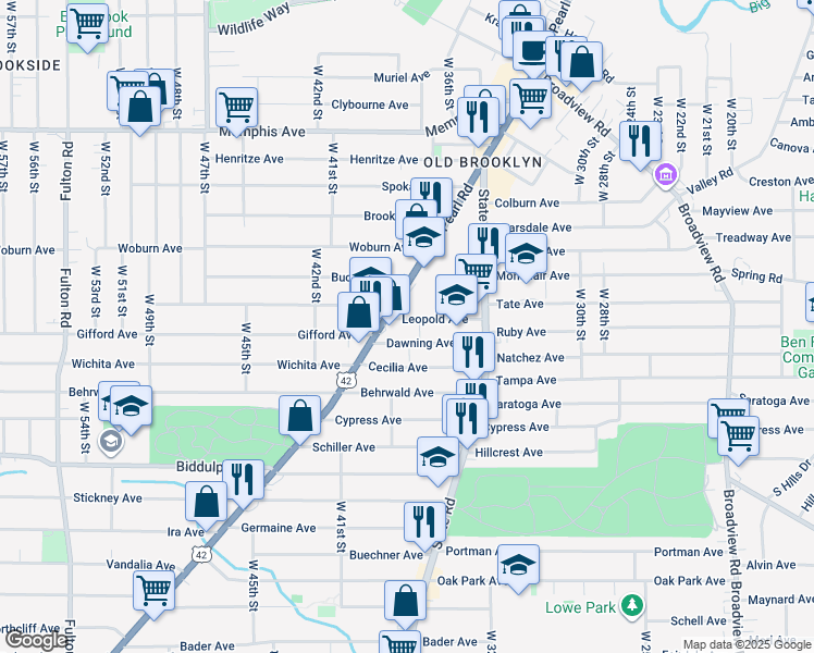 map of restaurants, bars, coffee shops, grocery stores, and more near 3800 Leopold Avenue in Cleveland