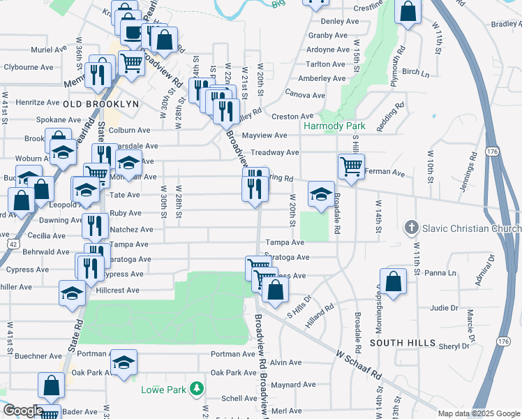 map of restaurants, bars, coffee shops, grocery stores, and more near Broadview Road & Hood Avenue in Cleveland