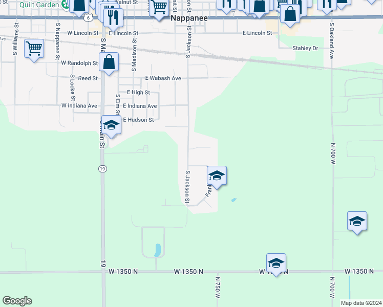 map of restaurants, bars, coffee shops, grocery stores, and more near 202 Stonewall Court in Nappanee