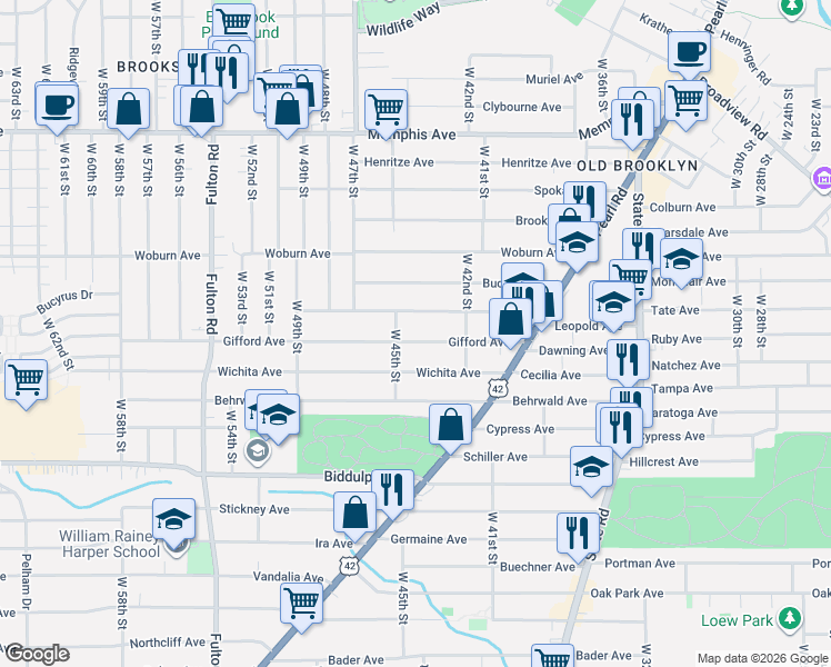 map of restaurants, bars, coffee shops, grocery stores, and more near 4325 Ardmore Avenue in Cleveland