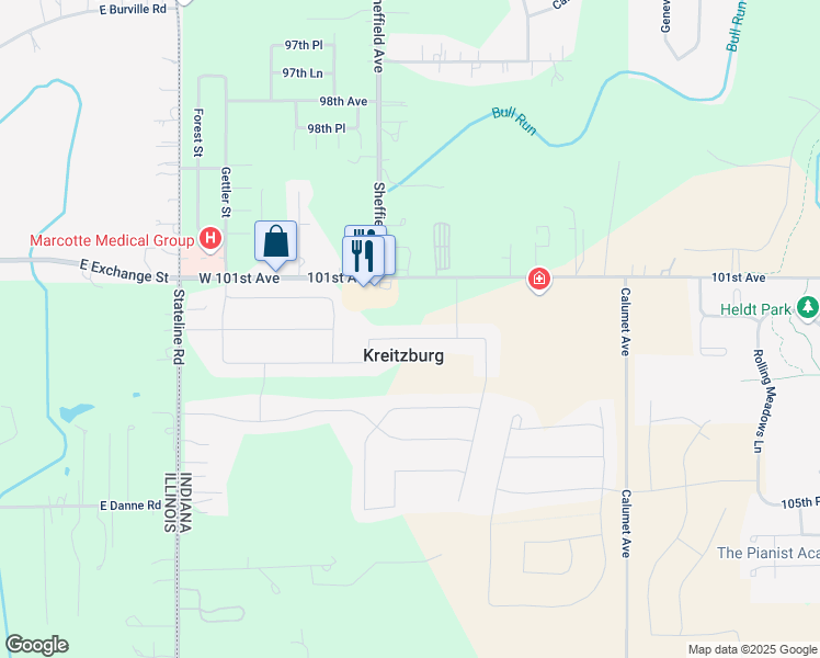 map of restaurants, bars, coffee shops, grocery stores, and more near 15177 West 101st Avenue in Dyer