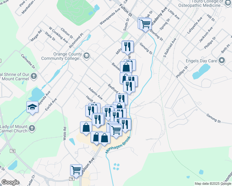 map of restaurants, bars, coffee shops, grocery stores, and more near 23 Bedford Avenue in Middletown