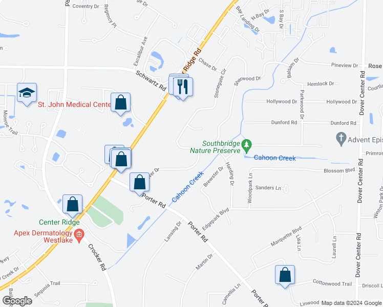 map of restaurants, bars, coffee shops, grocery stores, and more near 28779 Brockway Drive in Westlake