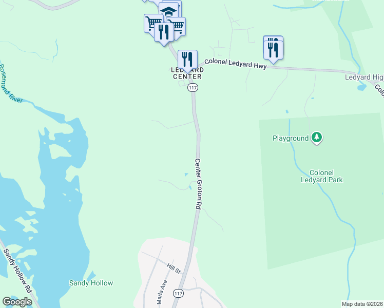 map of restaurants, bars, coffee shops, grocery stores, and more near 1921 Center Groton Road in Ledyard