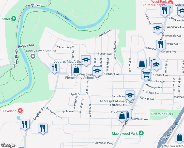 map of restaurants, bars, coffee shops, grocery stores, and more near 19101 Puritas Avenue in Cleveland
