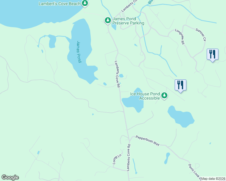 map of restaurants, bars, coffee shops, grocery stores, and more near 10 James Pond Way in West Tisbury