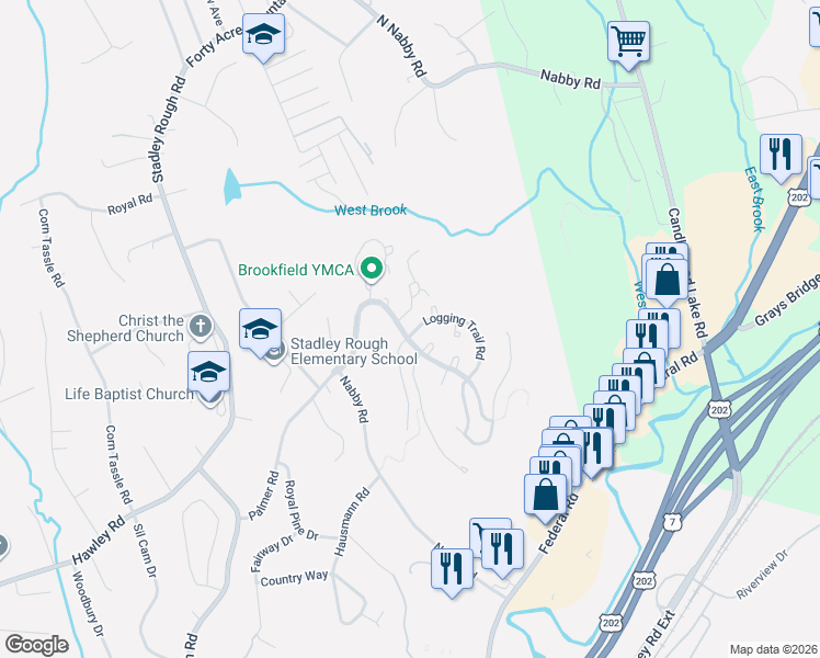 map of restaurants, bars, coffee shops, grocery stores, and more near 105 Logging Trail Road in Danbury