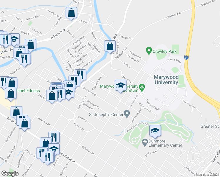 map of restaurants, bars, coffee shops, grocery stores, and more near 949 Woodlawn Street in Scranton