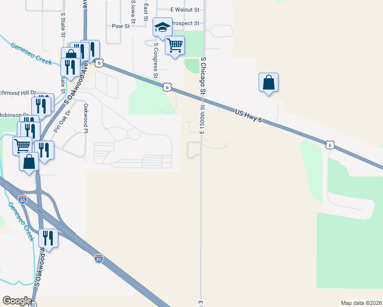 map of restaurants, bars, coffee shops, grocery stores, and more near 8 Pine Ridge Lane in Geneseo