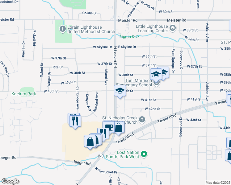 map of restaurants, bars, coffee shops, grocery stores, and more near 4012 Leavitt Road in Lorain