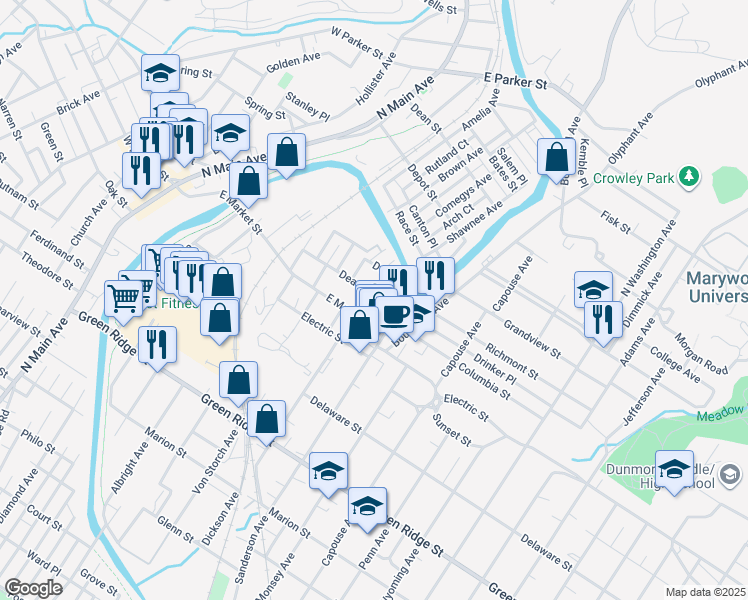 map of restaurants, bars, coffee shops, grocery stores, and more near 621 Deacon Street in Scranton