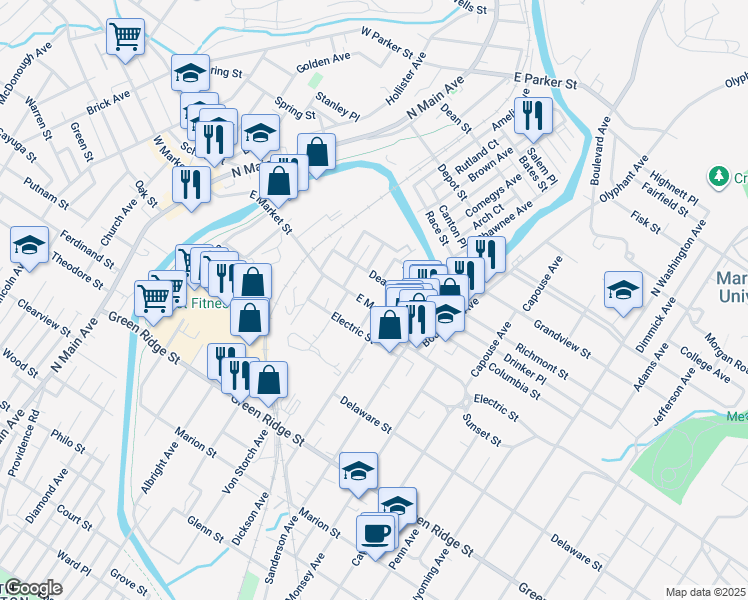 map of restaurants, bars, coffee shops, grocery stores, and more near 536 Deacon Street in Scranton