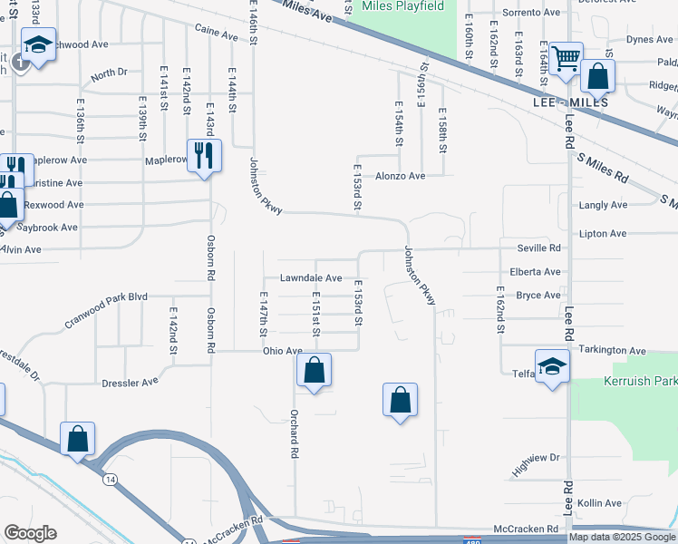 map of restaurants, bars, coffee shops, grocery stores, and more near 15126 Sunview Avenue in Cleveland