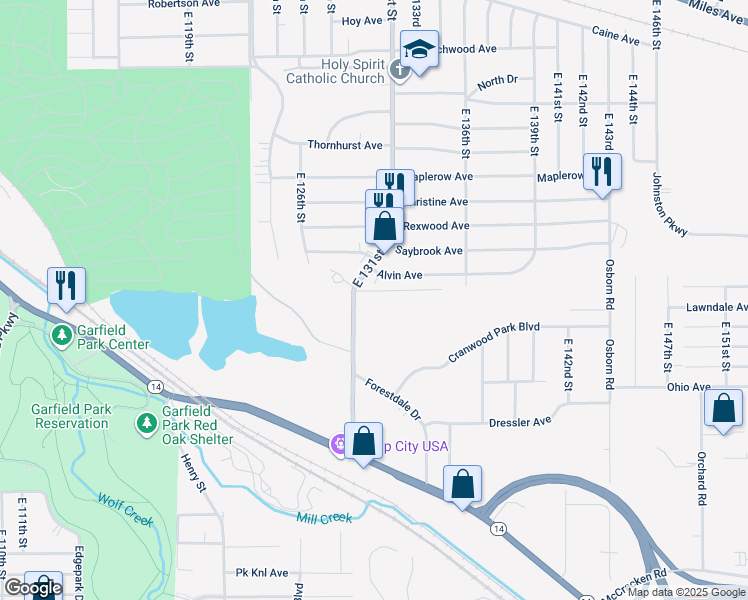 map of restaurants, bars, coffee shops, grocery stores, and more near 4604 East 131st Street in Garfield Heights