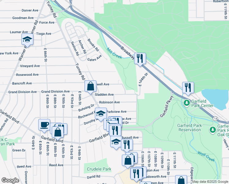 map of restaurants, bars, coffee shops, grocery stores, and more near 9916 Cardwell Avenue in Garfield Heights