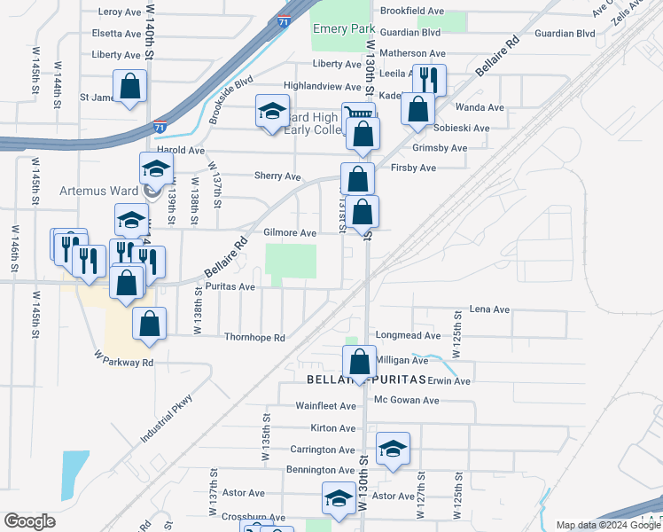 map of restaurants, bars, coffee shops, grocery stores, and more near 13160 Puritas Avenue in Cleveland