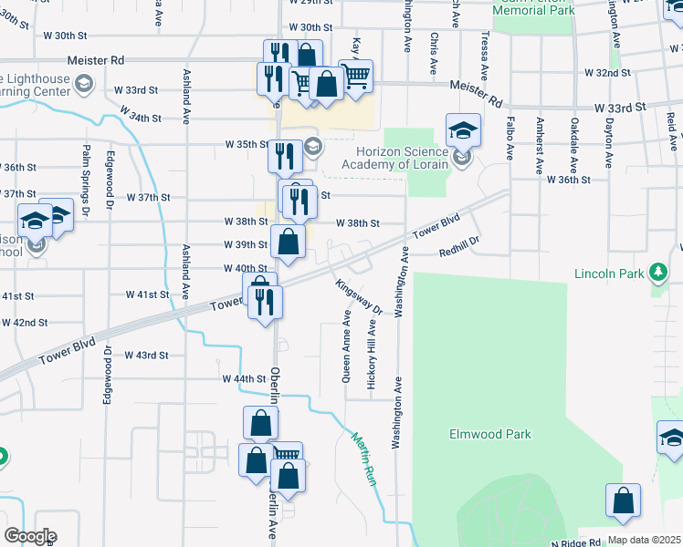 map of restaurants, bars, coffee shops, grocery stores, and more near 1049 Tower Boulevard in Lorain