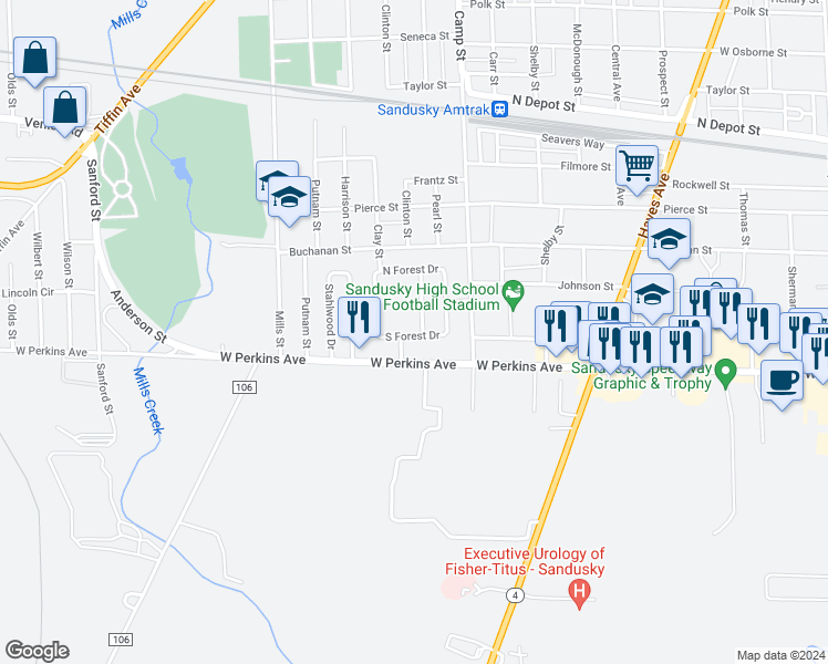 map of restaurants, bars, coffee shops, grocery stores, and more near 2131 Parkview Boulevard in Sandusky