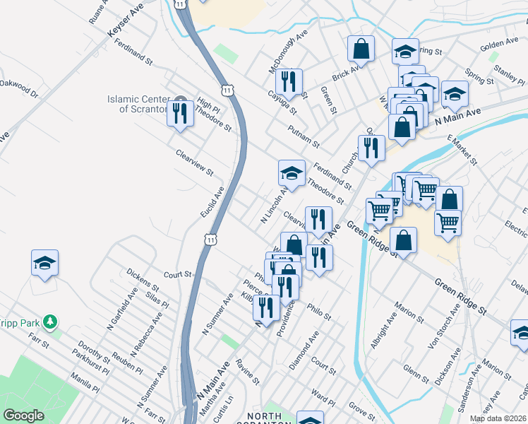 map of restaurants, bars, coffee shops, grocery stores, and more near 1401 Clearview Street in Scranton