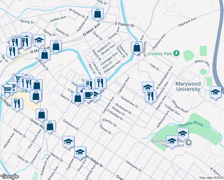 map of restaurants, bars, coffee shops, grocery stores, and more near 820 Woodlawn Street in Scranton