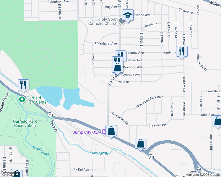 map of restaurants, bars, coffee shops, grocery stores, and more near 4605 East 131st Street in Garfield Heights