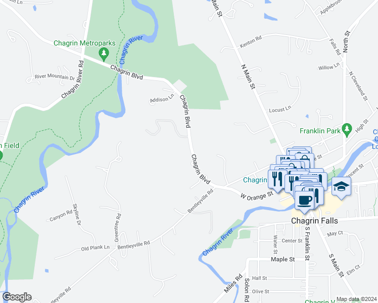 map of restaurants, bars, coffee shops, grocery stores, and more near 311 Chagrin Boulevard in Moreland Hills