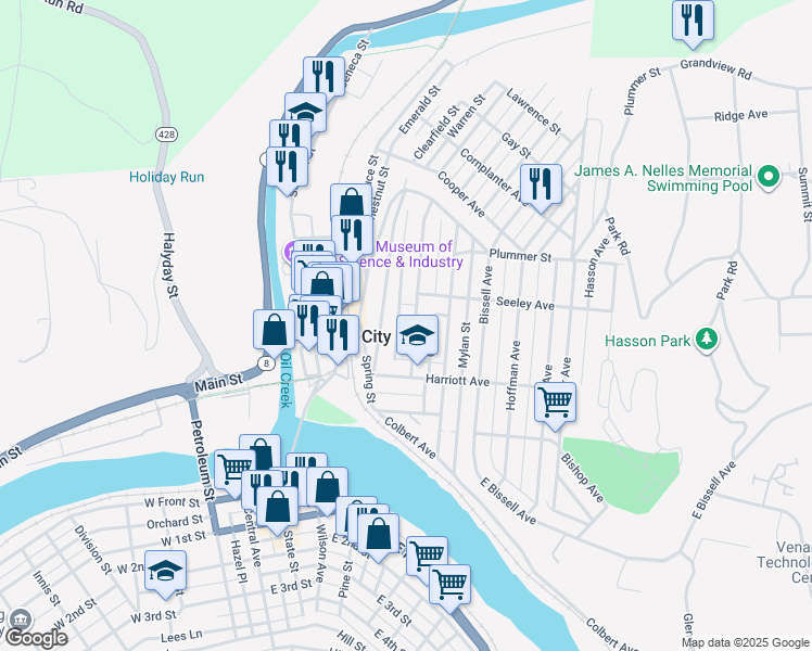 map of restaurants, bars, coffee shops, grocery stores, and more near 29 Grove Ave in Oil City
