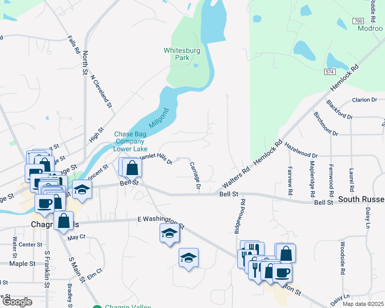map of restaurants, bars, coffee shops, grocery stores, and more near 127 Hamlet Hills Drive in Chagrin Falls