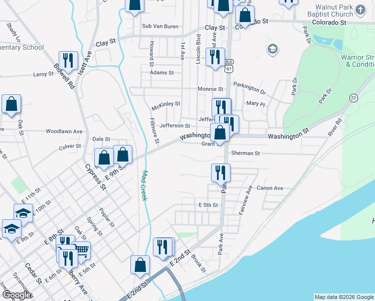 map of restaurants, bars, coffee shops, grocery stores, and more near 1532 Grant St in Muscatine