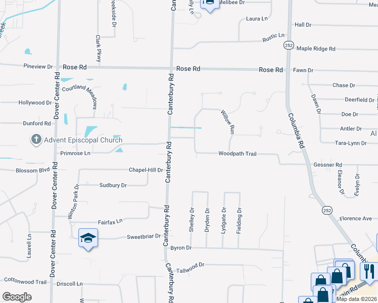 map of restaurants, bars, coffee shops, grocery stores, and more near 3845 Canterbury Road in Westlake