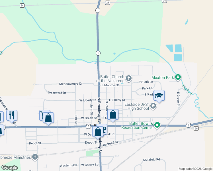 map of restaurants, bars, coffee shops, grocery stores, and more near 499 N Pearl St in Butler