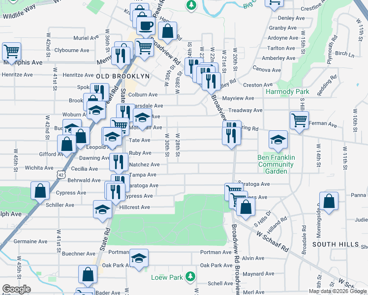 map of restaurants, bars, coffee shops, grocery stores, and more near 2713 Tate Avenue in Cleveland