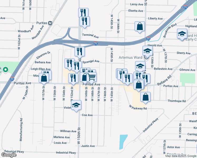 map of restaurants, bars, coffee shops, grocery stores, and more near 14620 Puritas Avenue in Cleveland