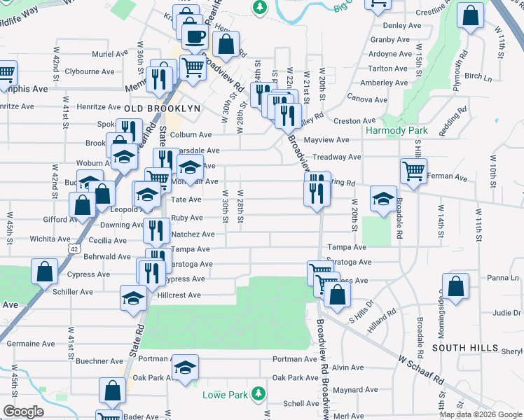 map of restaurants, bars, coffee shops, grocery stores, and more near 2509 Tate Avenue in Cleveland