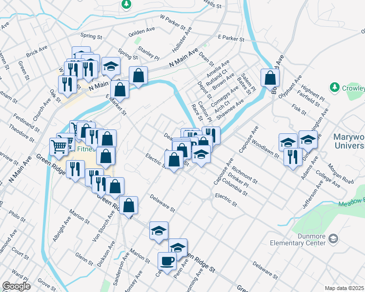 map of restaurants, bars, coffee shops, grocery stores, and more near 621 Deacon Street in Scranton